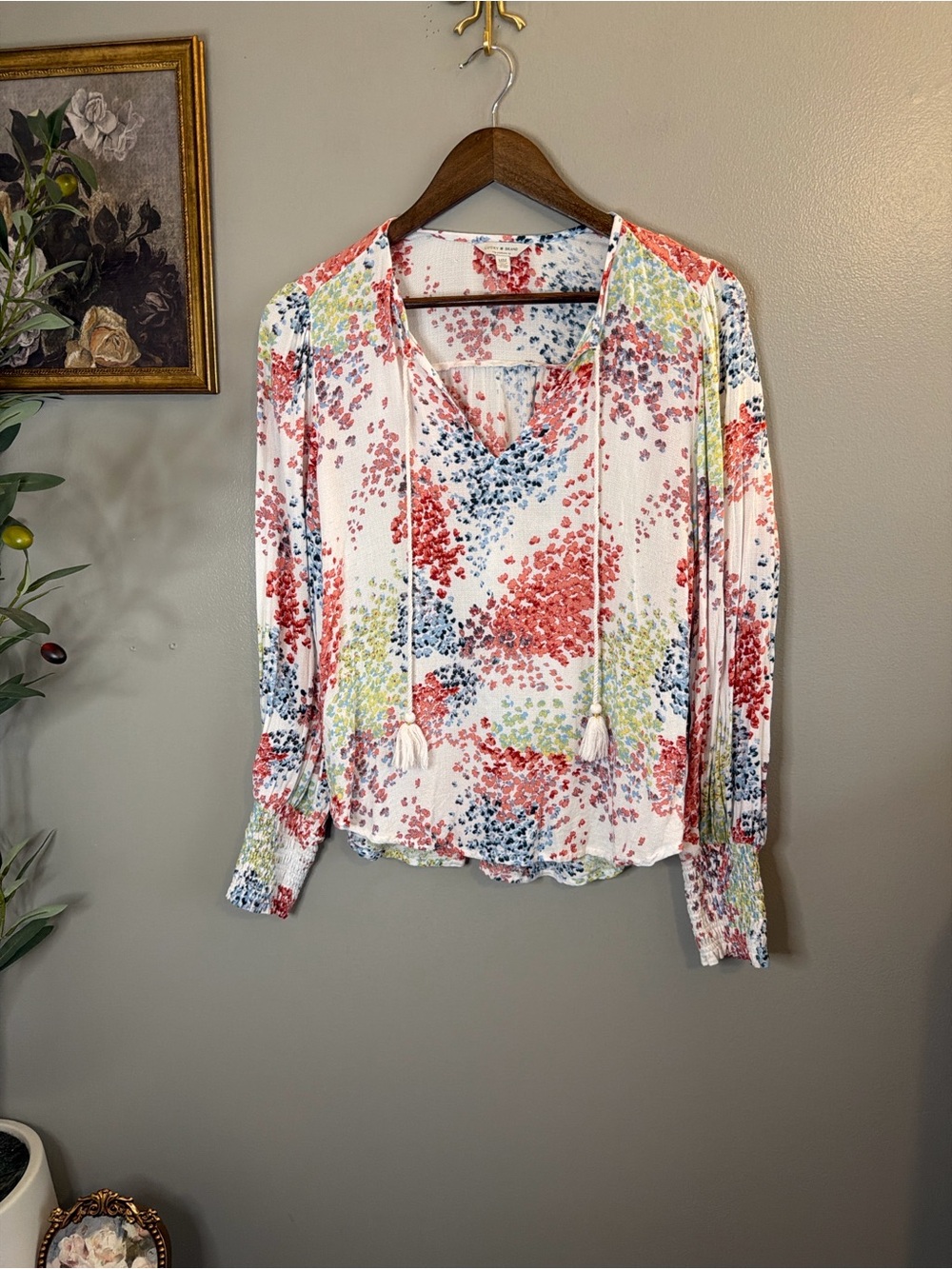 Lucky Brand Floral Tassel Tie Peasant Blouse 100% Viscose Boho Size Medium - Picture 3 of 9